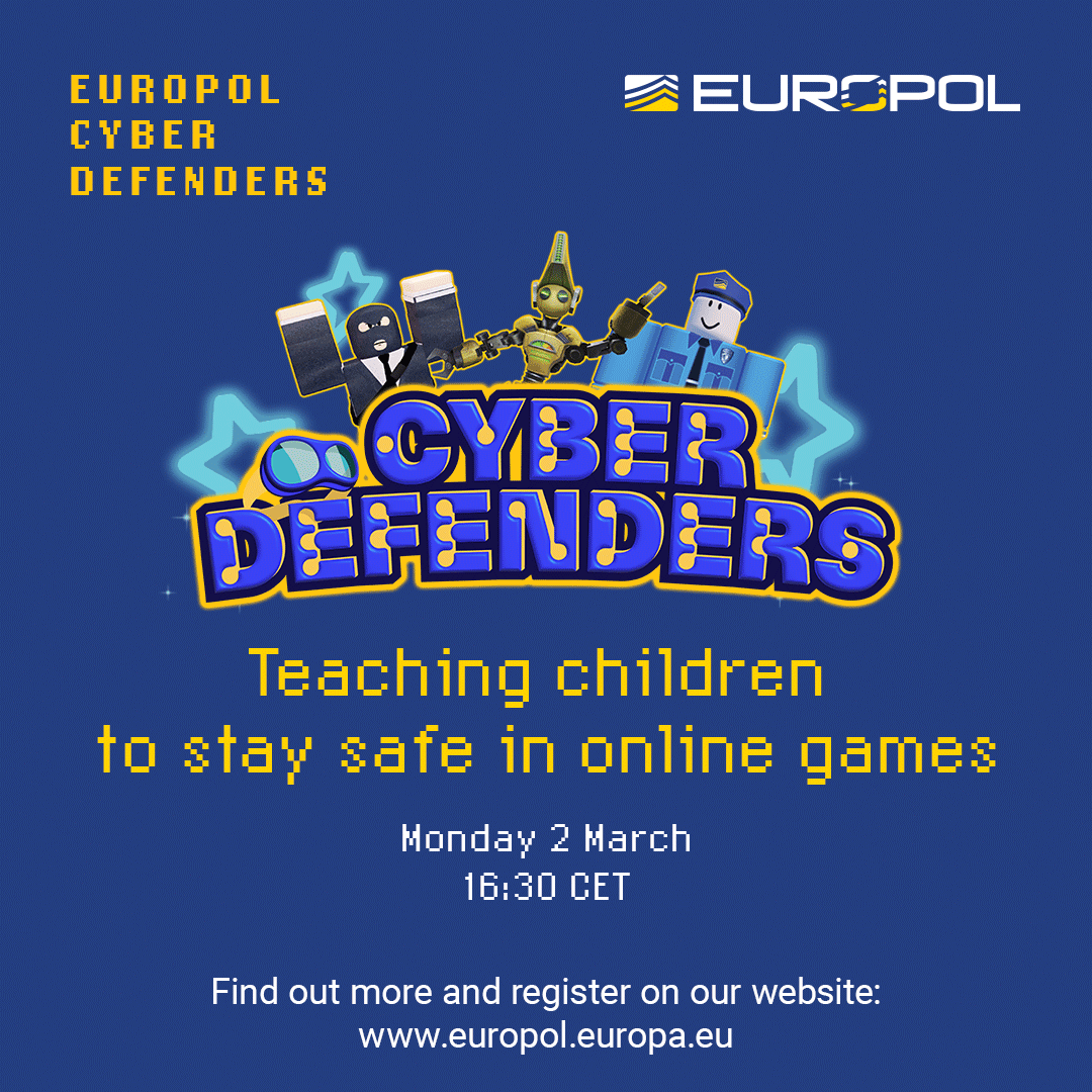 🎓 Calling educators! Register for a Europol #webinar on online gaming risks for children and how #teachers can respond.

Discover the Cyber Defenders game and receive free classroom resources.

Find out more &amp; register: https://t.co/iDuxHivuLC 