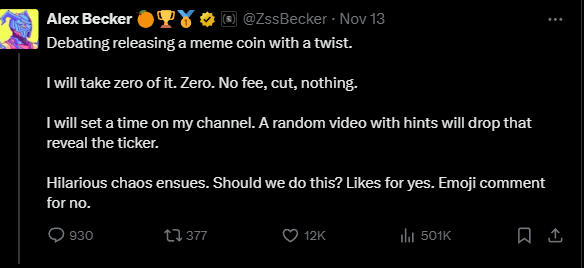 On my potential upcoming meme coin drop.
A) I am speaking with lawyers first
B) Again I will OWN ZERO. BUY ZERO. HOLD ZERO. No insiders. 100% fair drop. I will not make a dime from this. No one will have an UNEARNED edge.
C) I will announce it officially "on" next week.
D) My 