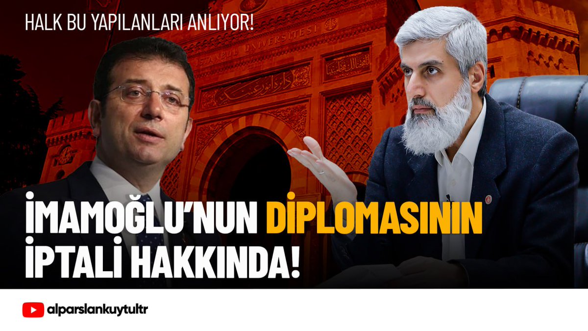 1. AÇIKLAMA | İstanbul Üniversitesi Yönetim Kurulunun, İmamoğlu’nun da aralarında bulunduğu biri profesör 28 kişinin diplomalarının “yokluk ve açık hata” gerekçeleriyle geri alınmak sureti ile iptal etmesi hakkında:

İstedikleri kadar bunu hukuki bir süreç gibi göstersinler. 