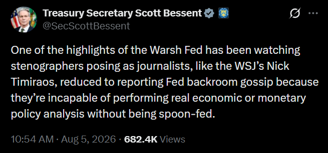 Treasury Secretary Scott Bessent just nuked WSJ Nick Timiraos from orbit.

The WSJ's Nick Timiraos was well known for being Jerome Powell's top brown noser, willing to write whatever Jerome wanted. 