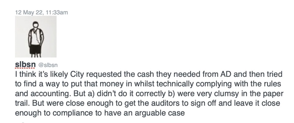 Stefan's own view (in private, which he won't ever air in public) is MCFC always asked Abu Dhabi for cash and then tried to make it look legit after the fact. So nothing to see here? I'll look forward to him addressing this on his next TalkSport appearance. 