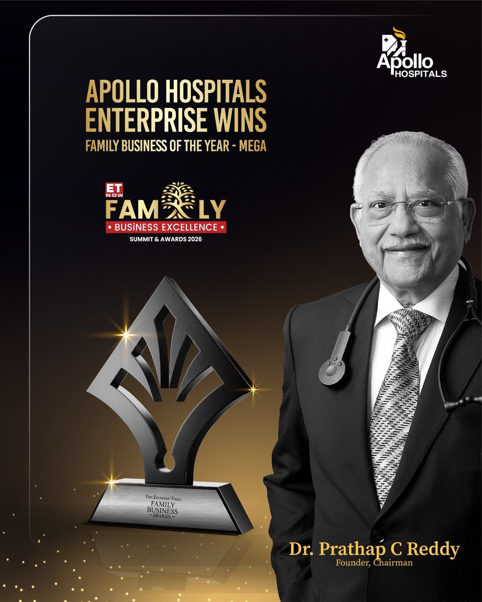 Apollo Hospitals is honoured to be recognised as the Family Business of the Year (Mega) at the ET Family Business Awards 2026. 

A recognition of over four decades of advancing healthcare for India.

#ApolloHospitals #ETFamilyBusinessAwards2026 #FamilyBusinessOfTheYear 