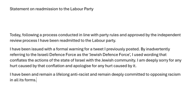 My Statement on readmission to the Labour Party 