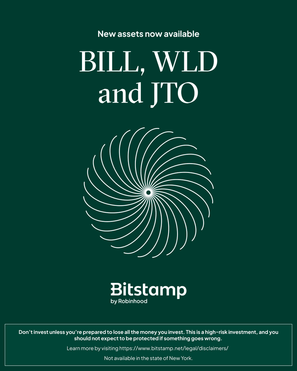 Billions Network ($BILL), Worldcoin ($WLD) and Jito ($JTO) are now available to trade on Bitstamp by Robinhood. 