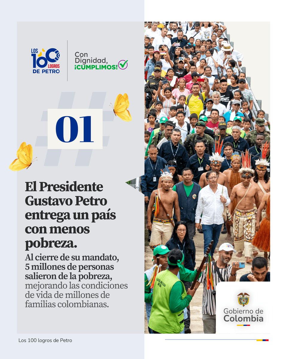 El Gobierno del Presidente @PetroGustavo finaliza su gestión con un logro que sin duda transformó la vida de millones de personas. ♥️

Con el impulso de políticas y apoyos económicos que fortalecieron los ingresos de los hogares colombianos, 5 millones de personas salieron de la 