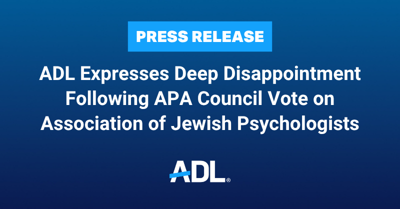 ADL is deeply disappointed by the @APA’s decision today to delay the vote – for the 2nd time this year – on recognizing the Association of Jewish Psychologists (AJP) as an Ethnic Psychological Association (EPA).

By denying Jewish psychologists the same representation afforded to 
