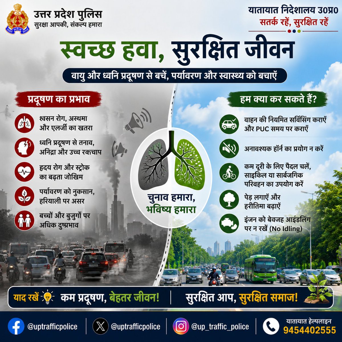 🌿 स्वच्छ हवा और शांत वातावरण, स्वस्थ जीवन की पहचान हैं।

वाहनों का धुआँ और अनावश्यक हॉर्न—दोनों ही वायु एवं ध्वनि प्रदूषण बढ़ाते हैं। वाहन की नियमित सर्विसिंग व PUC कराएँ, अनावश्यक हॉर्न बजाने से बचें।

कम प्रदूषण, बेहतर जीवन। आज की जिम्मेदारी, कल की स्वच्छ हवा। 🌱🚦 
