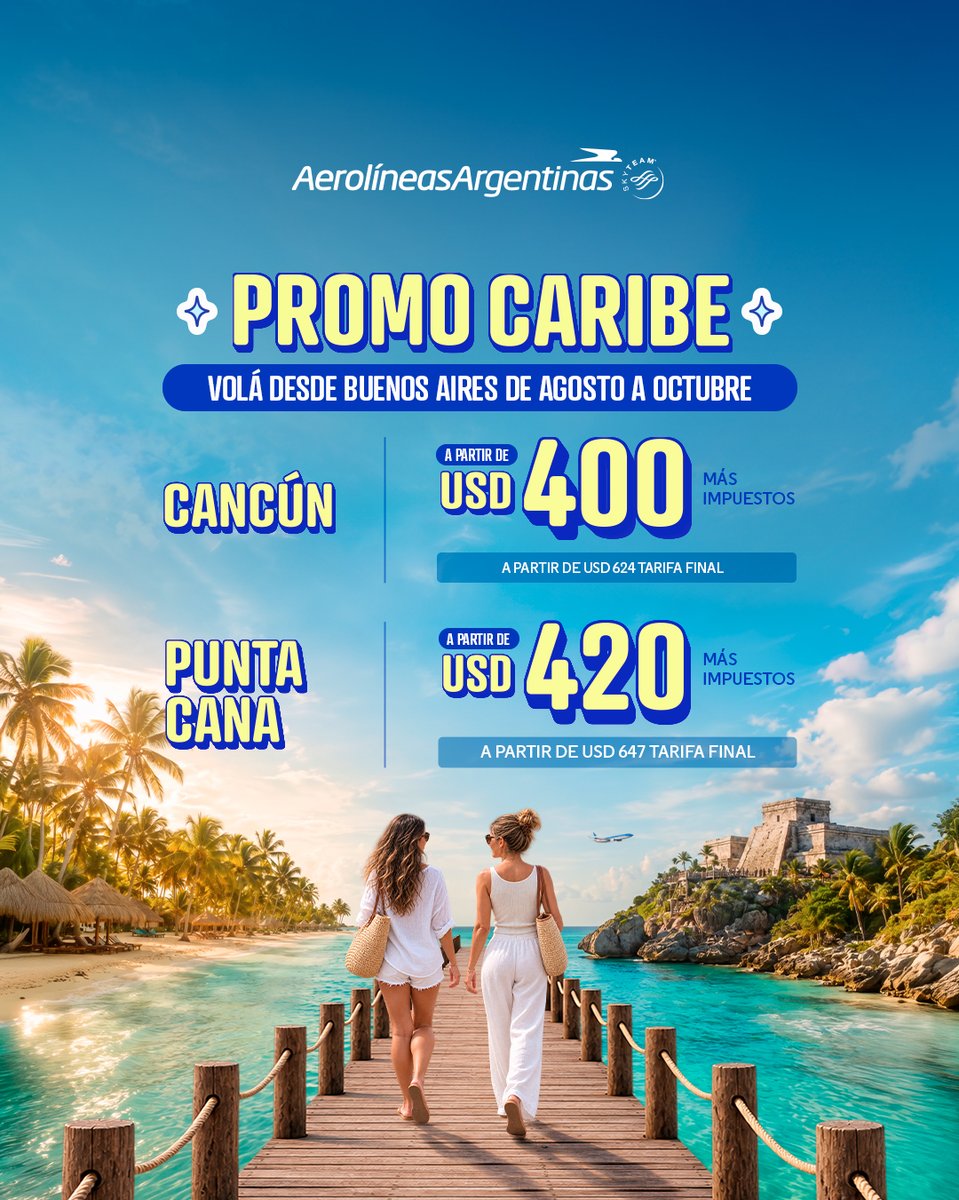 ¡Volá al Caribe! 🌴✈️ Comprá tu pasaje ahora 👉 https://t.co/p1jHGKqQhX

De agosto a octubre, volá desde Buenos Aires y elegí tu próximo destino:

🌊 Cancún desde USD 400 + impuestos. 

🌴 Punta Cana desde USD 420 + impuestos. 

Playas increíbles, aguas turquesas y todo el Caribe 